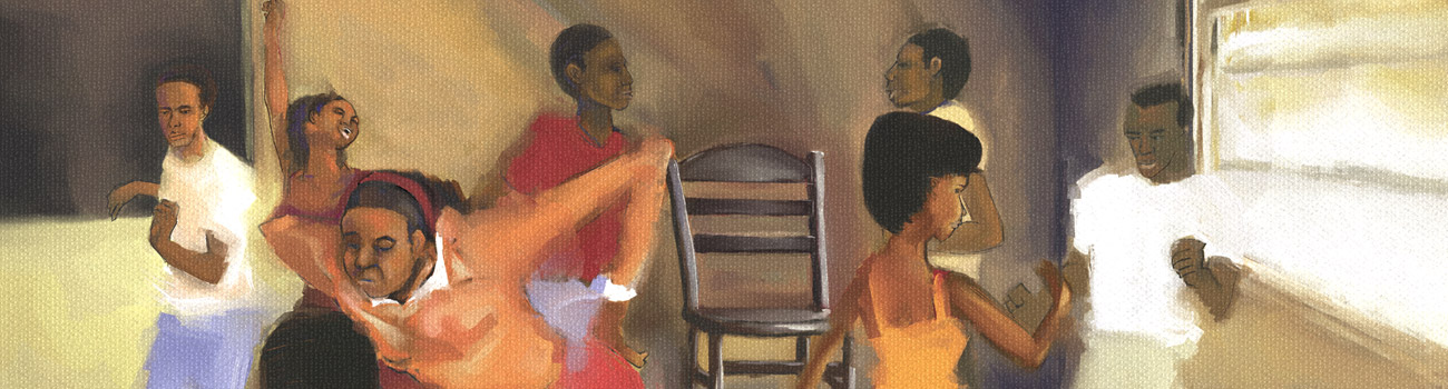 Painting of a happy black family having fun dancing at home.